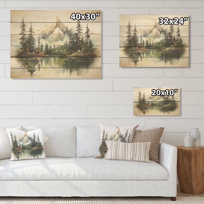 Watercolor Mountain Dreamscape - Mountains Wood Wall Art On Natural Pine Wood, 24" H x 32" W