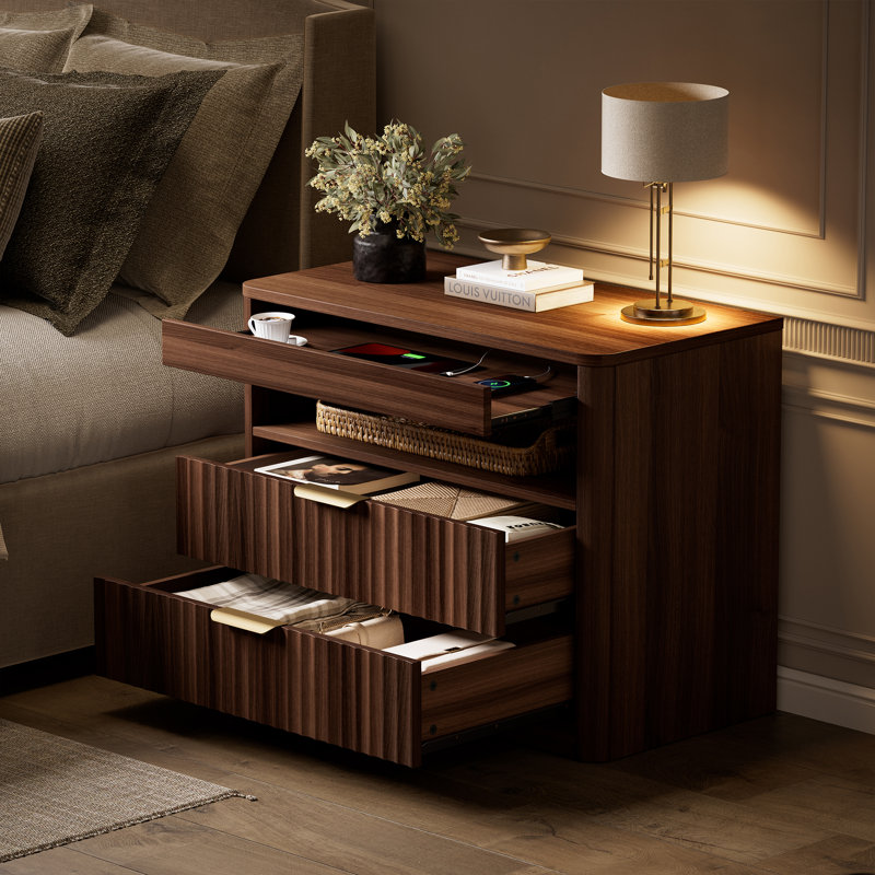 Table de chevet 27 po avec station de charge, 2 tiroirs et rangement ouvert, table de chevet avec plateau coulissant, table de bout de chambre à coucher moderne