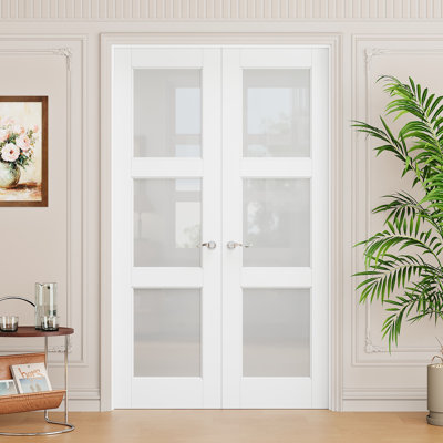 Interior 3-Lite Frosted Glass Door, CARB P2 MDF & SGCC Tempered Glass French Doors, Satin Nickel Hardware-Privacy Door Lever with Lock, Latch & Hinges, Pre‑Finished & Waterproof, Pantry, Bedroom, Bathroom & Closet, Easy DIY Stain, 48"x 80"