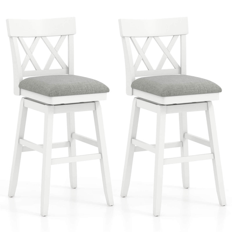 2 Pcs 30" Bar Stool Wooden Chair With Contoured Backrest Swivel Padded Seat For Kitchen, Gray