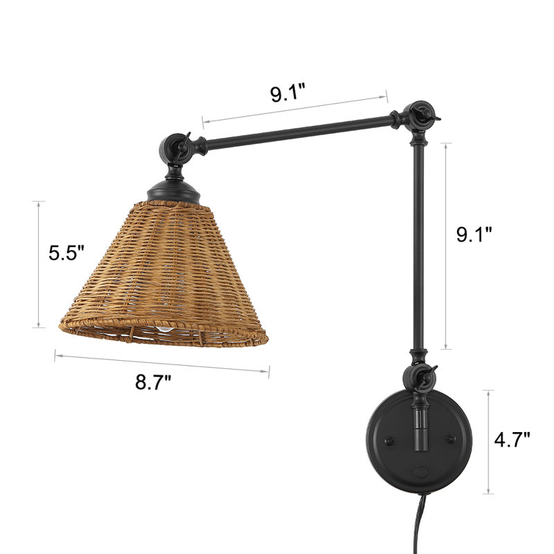 Adjustable Swing Arm Wall Sconce With Rattan Shades, Set Of 2, Black