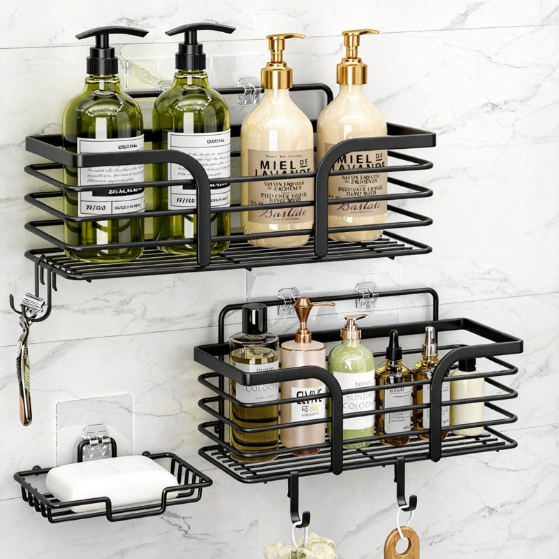 Serviteur de douche avec porte-savon et crochets, organisateur de salle de bain mural antirouille (noir)