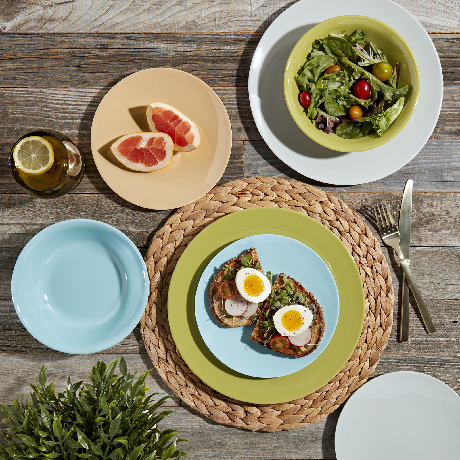 Tabletops Gallery Peacock 12 Piece Melamine Dinnerware Set, Cream/Blue/Green/Orange