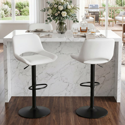 Ensemble de 2 tabourets de bar à hauteur ajustable, tabourets de comptoir pivotants en similicuir modernes avec dossier bas découpé et base noir mat, blanc
