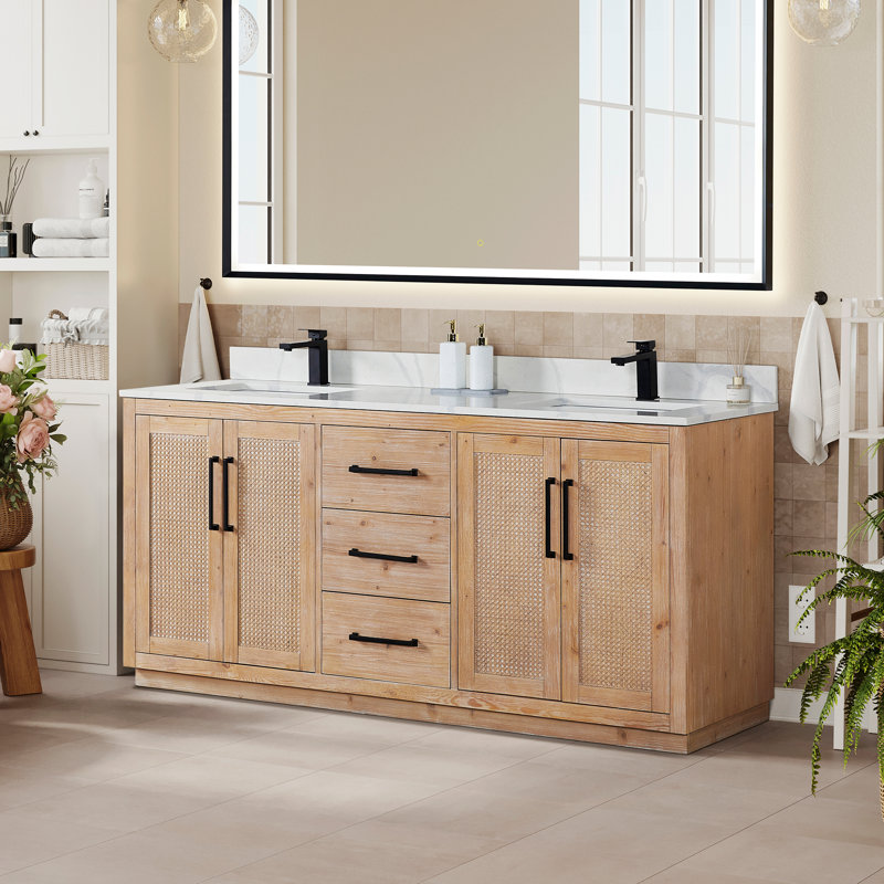 Meuble-lavabo double 72 po avec comptoir en quartz blanc Calacatta sans miroir Deach