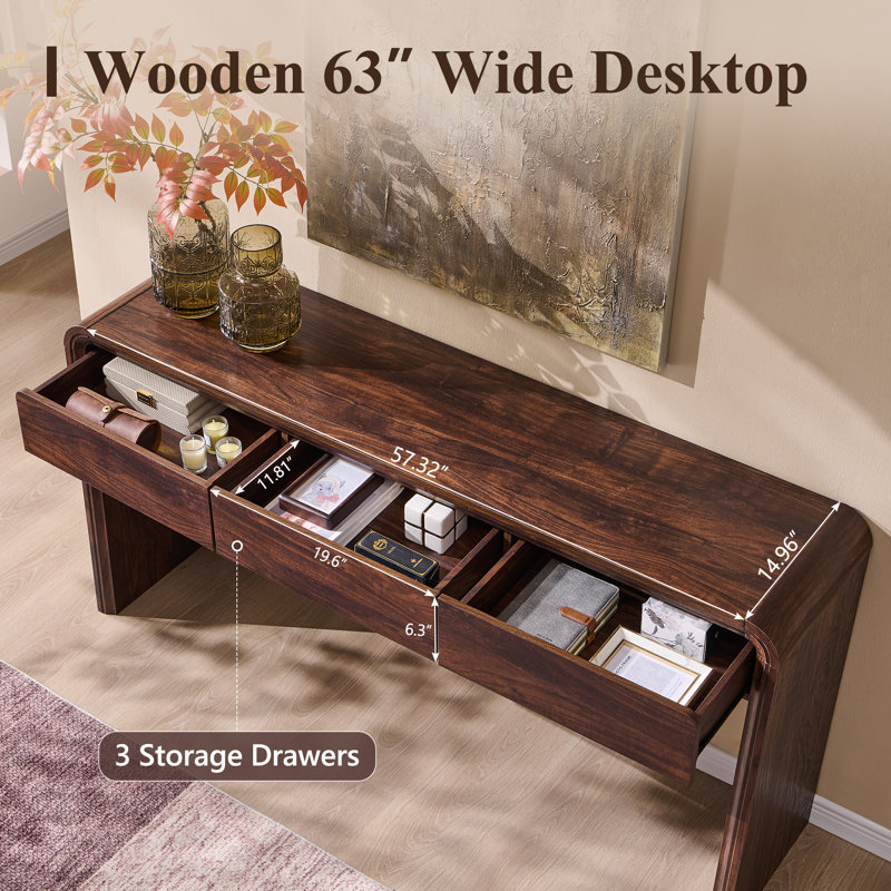 Console en bois 62,91 po avec 3 tiroirs de rangement Maud, Brun