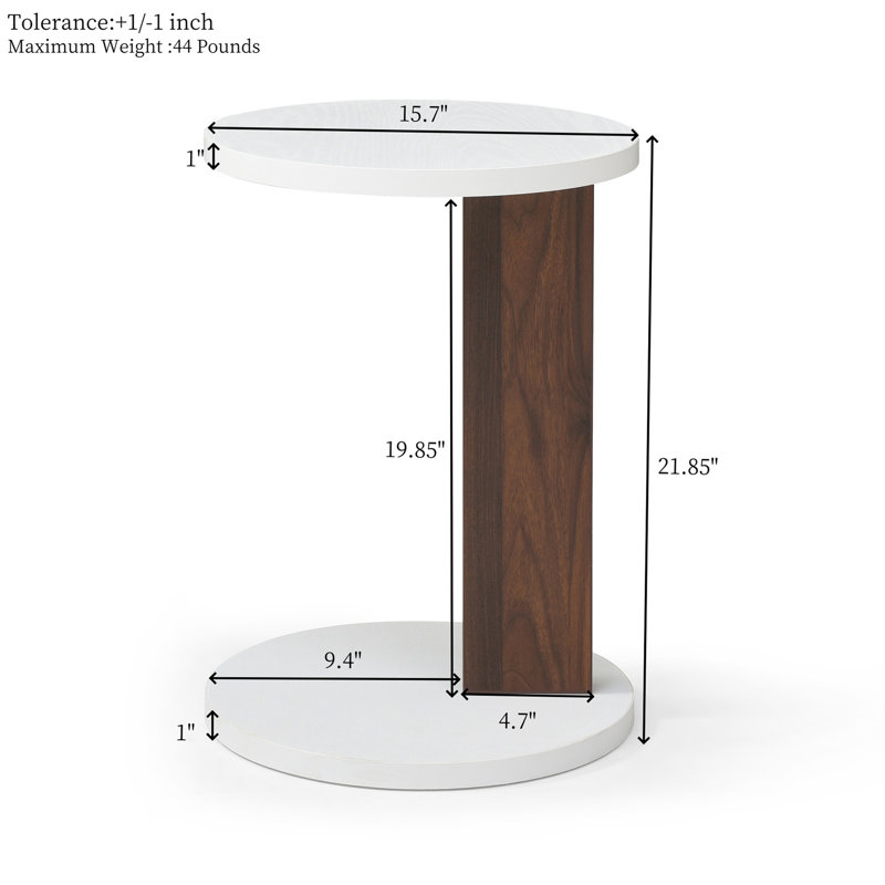 Table de bout en forme de C, petite table d'appoint pour canapé, table de canapé avec cadre en bois pour le salon, la chambre à coucher, le chevet, rustique (blanc et noyer)
