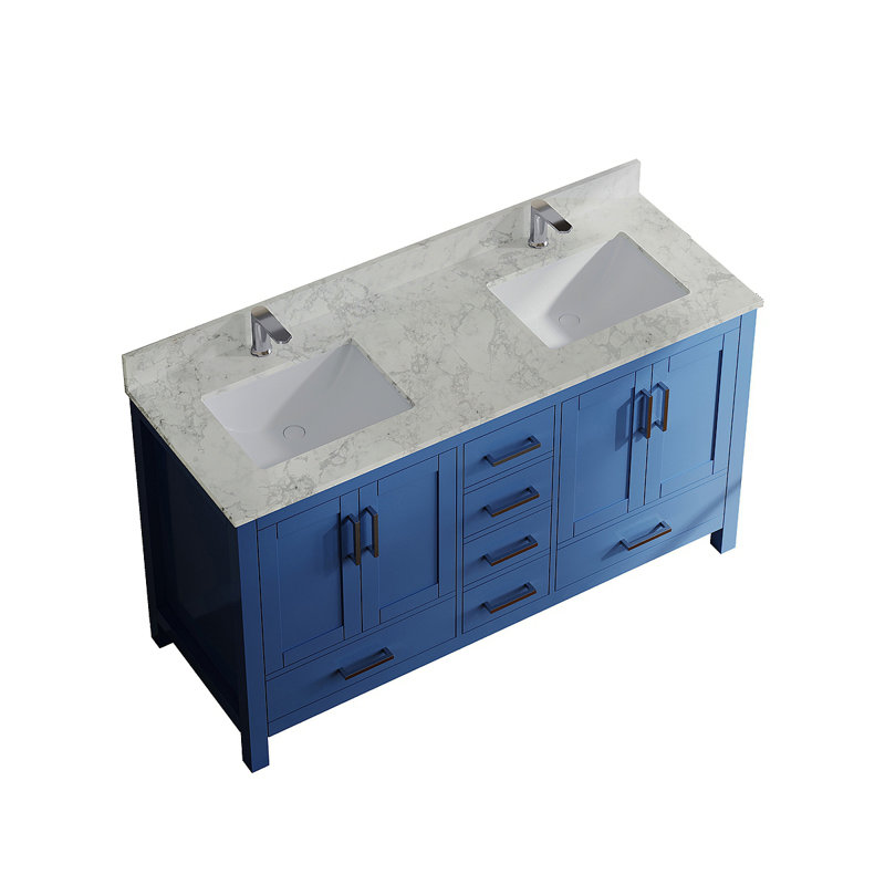 Meuble-lavabo 59 po avec lavabo à double cuve 59 po et lavabo, meuble-lavabo avec 4 portes et 6 tiroirs en bleu, Bleu