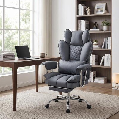 Big and Tall Office Chair with Pocket Spring Cushion, High Back Ergonomic Desk Chair for Home Office, Thick Padded Seat, Adjustable Armrests & Lumbar Support, with Footrest, PU Leather, Gray