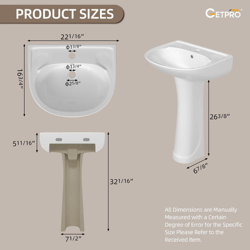 22'' W x 17'' D Pedestal Bathroom Sinks Combo White Vitreous China U-Shape Bathroom Vessel Basin Sink with Single Faucet Hole
