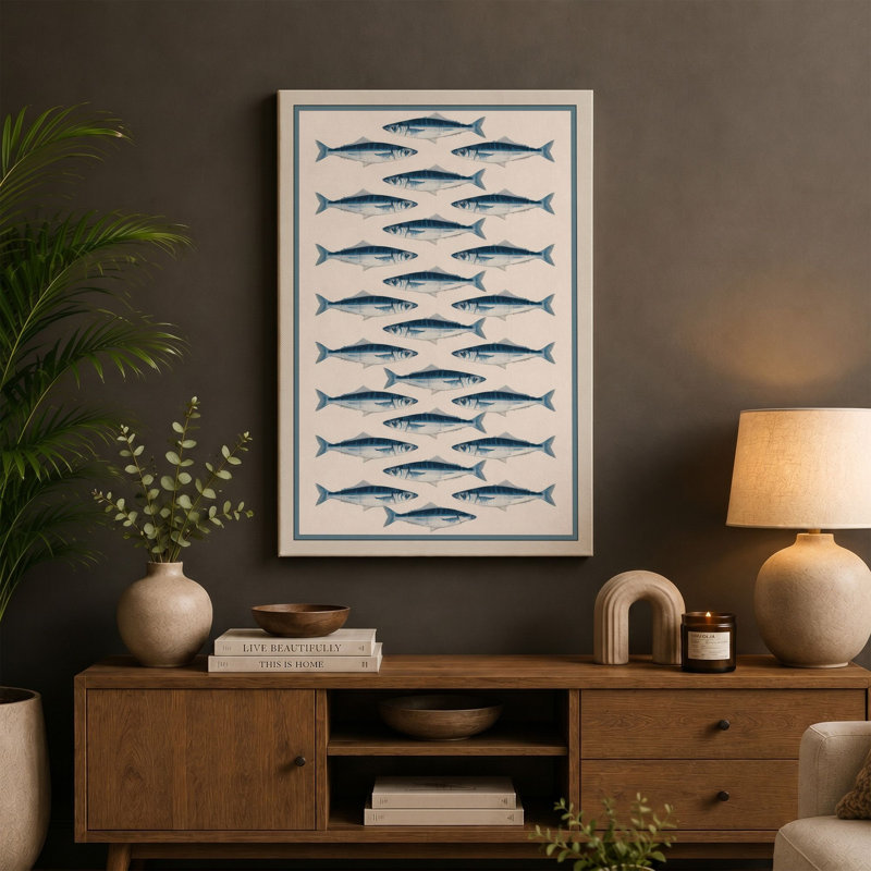 Mackerel Study Japandi - Wrapped Canvas, 36x24 - 91.4 x 61.0 cm, Sage Border