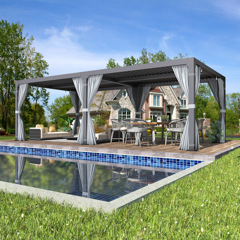 Pergola d'extérieur Erommy, pergola à persiennes avec rideaux, pavillon de jardin en aluminium pour patio, cour arrière, piscine