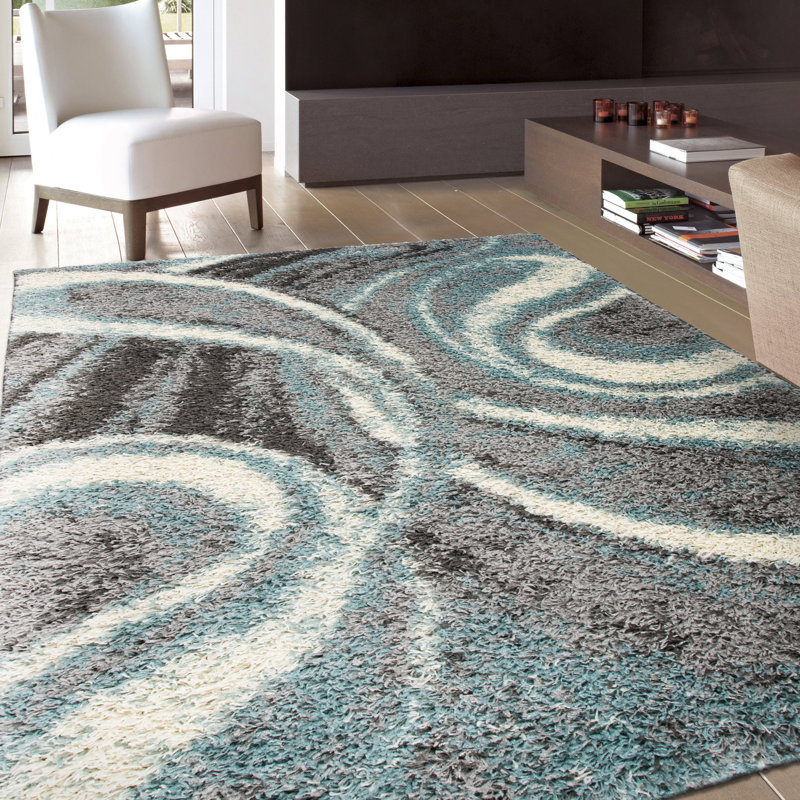 Farmerville Abstract Blue/Gray/Ivory Shag Area Rug, Rectangle 2' x 3'