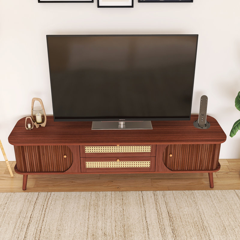 Solid Wood Legs Modern TV Stand Fits Tvs Up To 60 To 69 In., Natural Wood/Brown