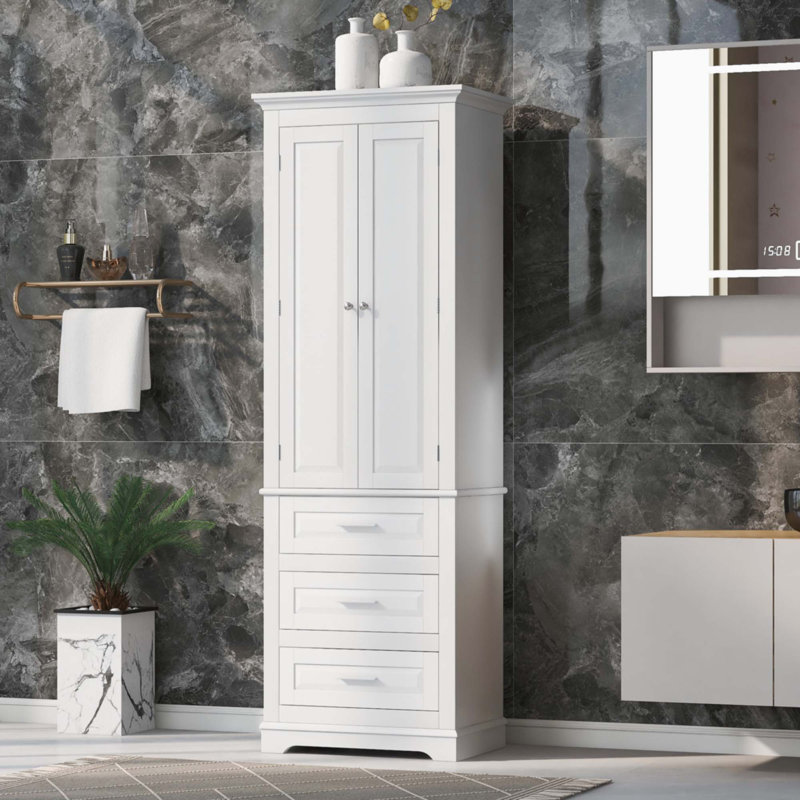 Tall Storage Cabinet With Three Drawers For Bathroom/Office, White