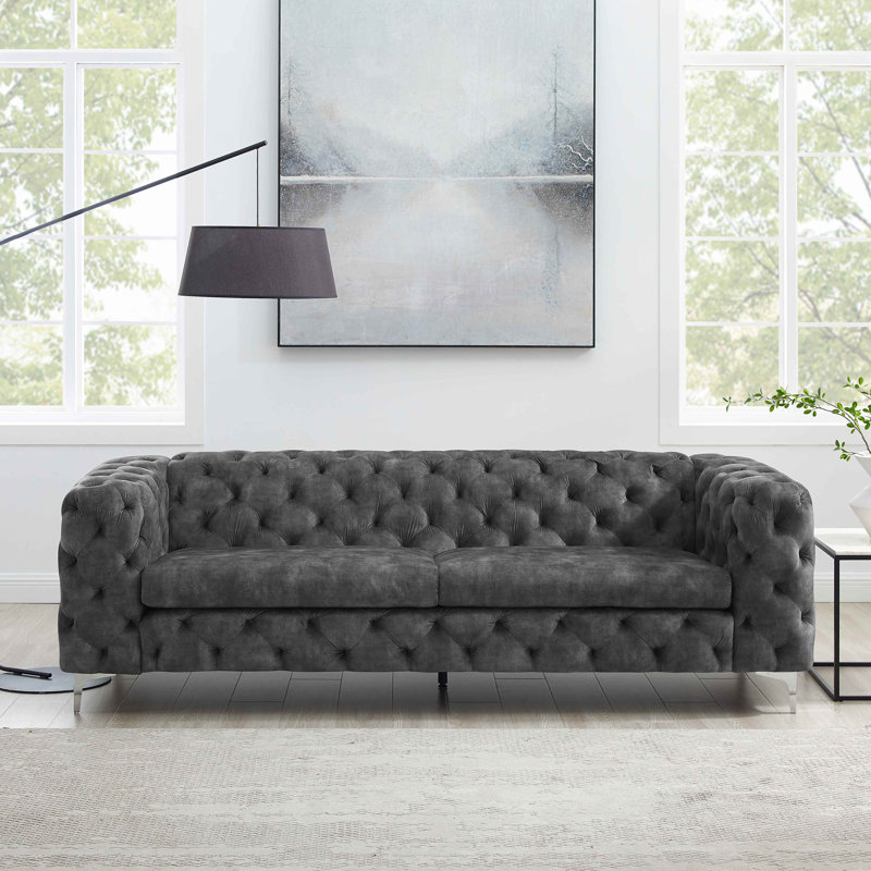 Ghaleb 237Cm Velvet Square Arms Sofa, Dark Grey Polyester Blend, Silver