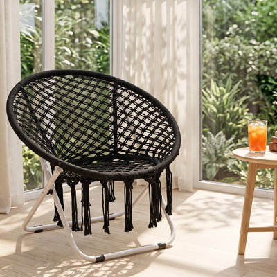Folding Macrame Tassel Accent Chair, Oversized Woven‑Rope Saucer Moon Lounger