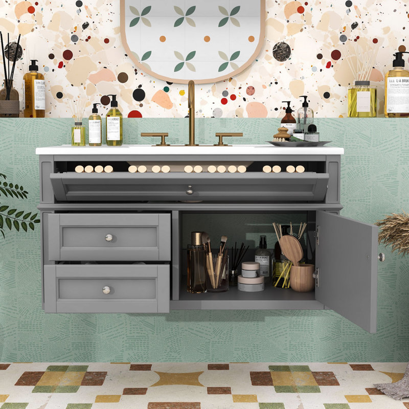 Meuble-lavabo mural flottant avec vasque en céramique, armoire murale avec 2 tiroirs de rangement, Gray