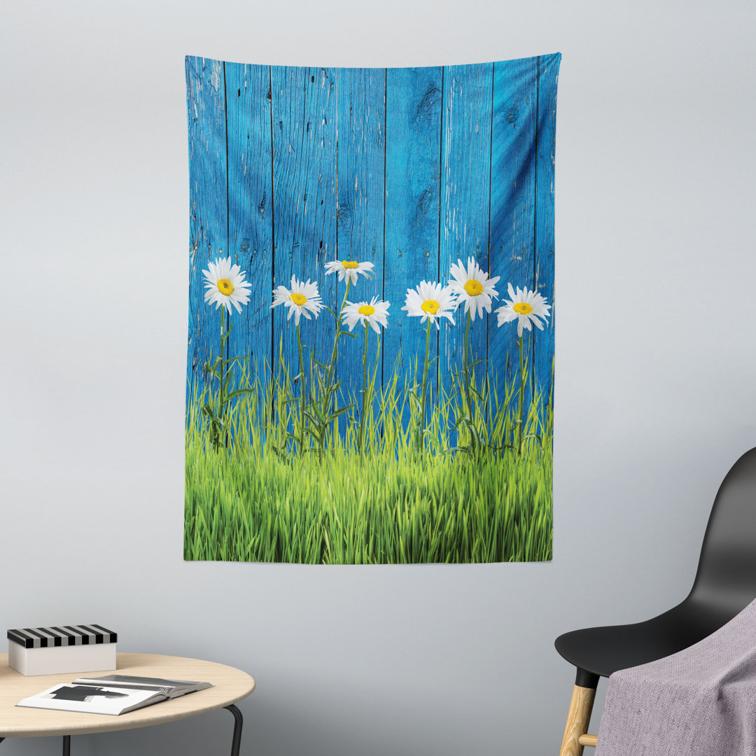 Wandteppich, Frühlings-Gras und Gänseblümchen, Blume, Grün Weiß Blau