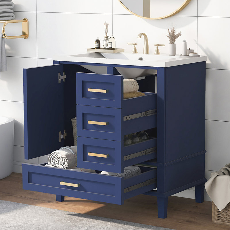 Ensemble de meuble-lavabo simple 30,01 po avec plateau en bois massif Rahela, Bleu