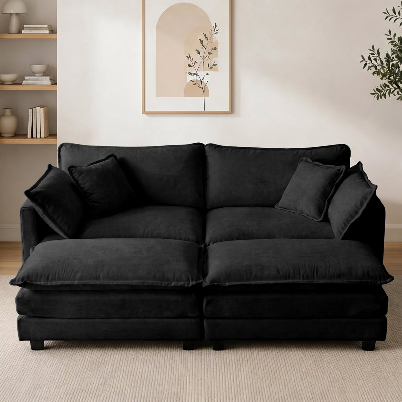Ensemble de 4 pièces en chenille avec 2 repose-pieds, Chenille noir