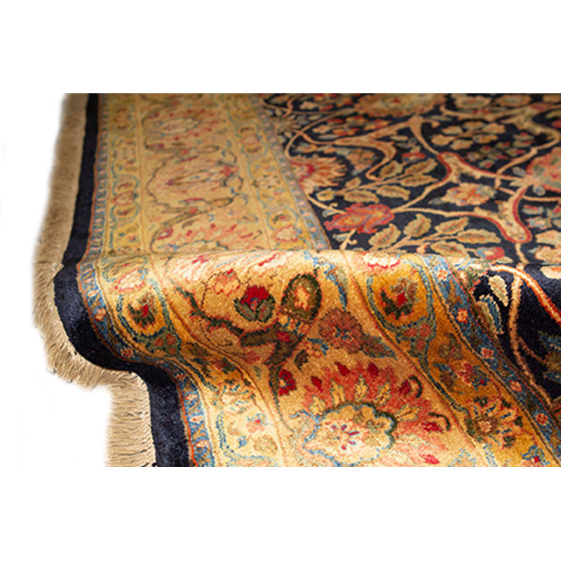 Tapis bleu et doré de haute qualité noué à la main