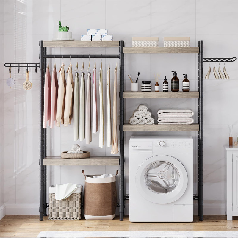 Laundry Room Organization And Storage, 5 Tier Wood Over The Washer And Dryer Storage Shelf With Drying Clothes Racks