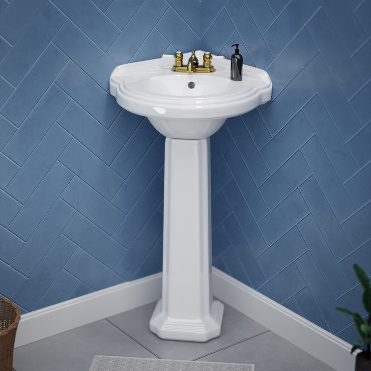 Small Corner 26.56" Tall White U-Shaped Pedestal Bathroom Sink with Overflow