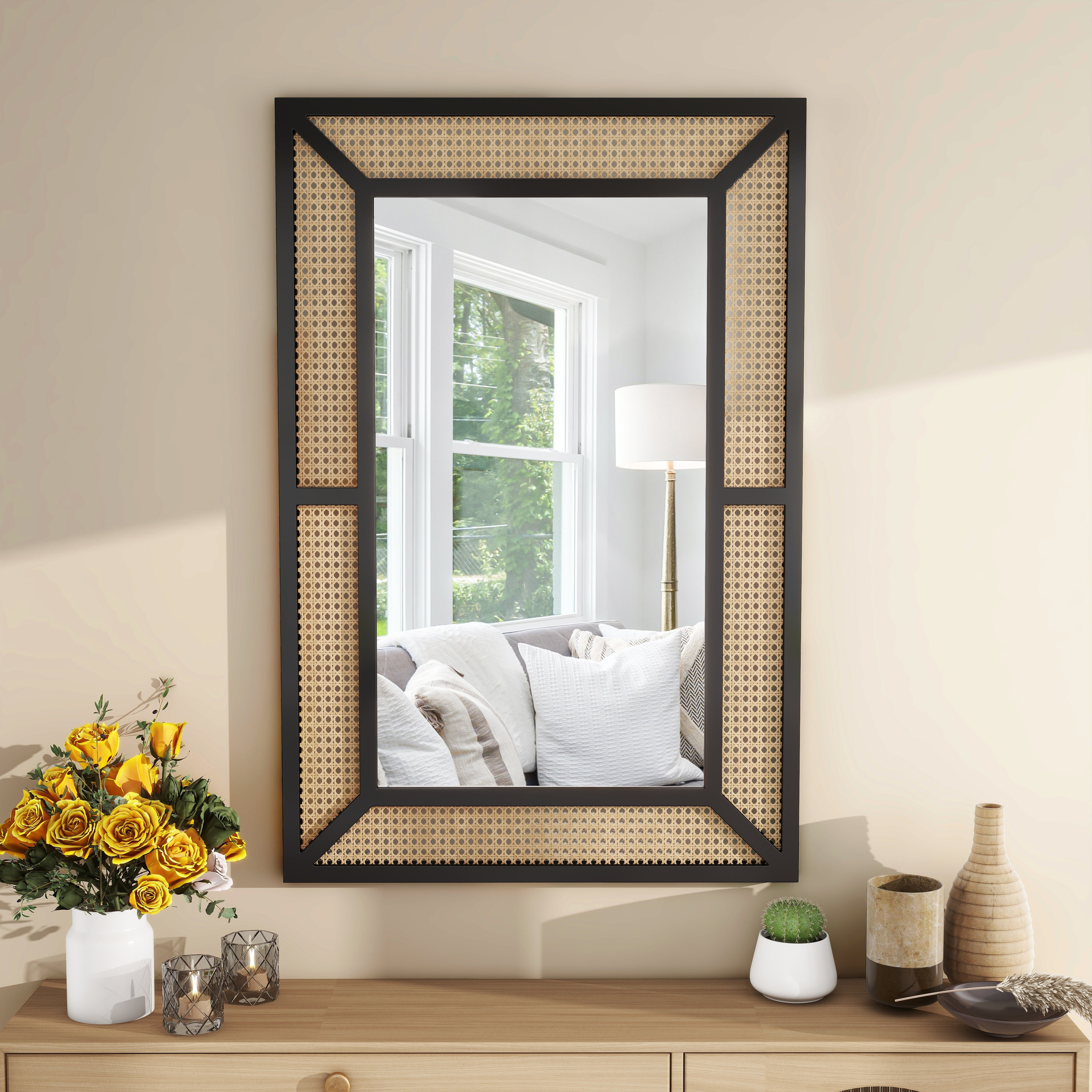 Rectangle Wood Rattan Wall Mirror