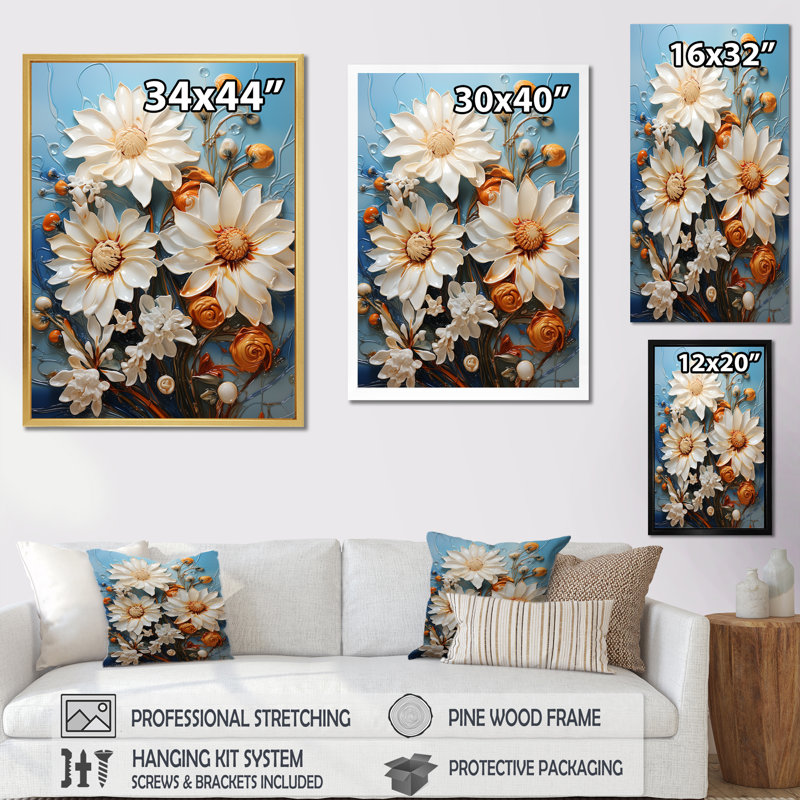 Champ de marguerites blanches et orange - impression, Cadre simple noir, H 32 po x l 16 po x P 1 po