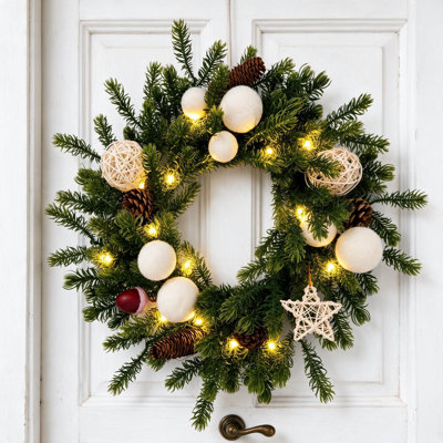 20" Pre-Lit Christmas Wreath with LED Lights, Timer, Pinecones & Velvet Accents