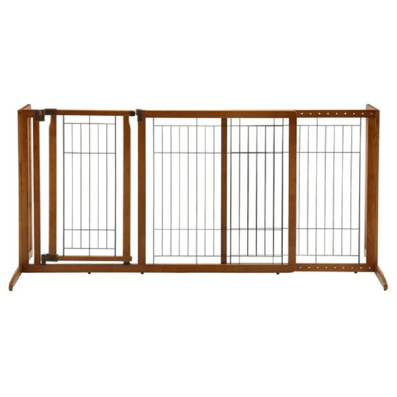 Medium Brown Wood and Metal Freestanding Pet Gate with Door
