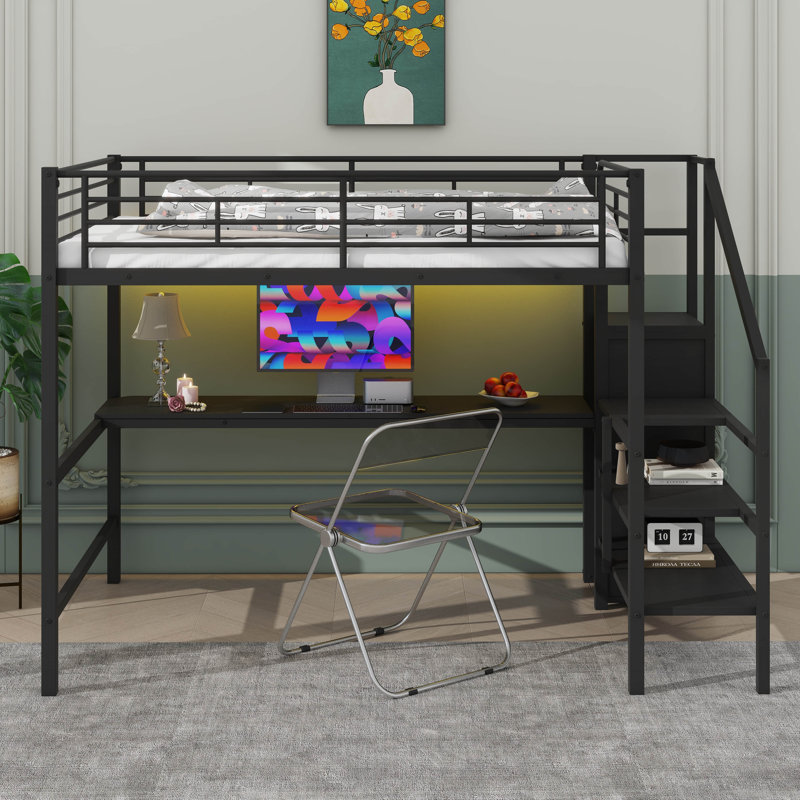 Lit mezzanine double avec poste de travail intégré, escalier de rangement, éclairage DEL et garde-robe compacte
