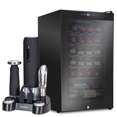 Ivation 17.7'' 24 Bottle Single Zone Freestanding Wine Refrigerator with 5-piece wine gift set on Fridge.com
