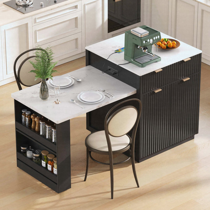 Îlot de cuisine cannelé avec table de salle à manger extensible, prise de courant, rangement double, 2 tiroirs et 2 tablettes ouvertes latérales