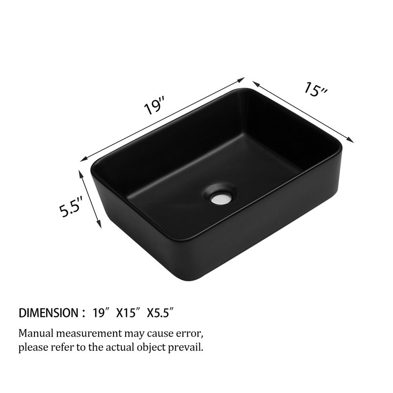 19"X15" Black Ceramic Rectangular Vessel Bathroom Sink