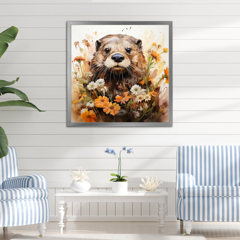 Loutre brune dans une prairie fleurie I - loutre, art mural, Silver Picture Framed, 30" H x 30" W
