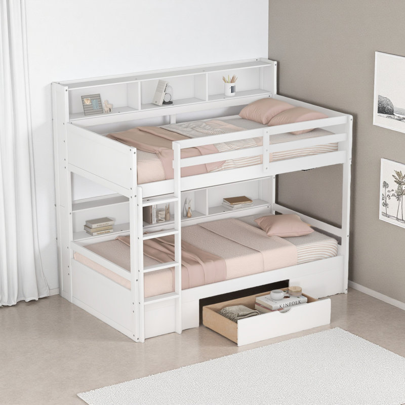 Lit superposé simple avec tablettes intégrées à côté des lits supérieur et inférieur et tiroir de rangement, Blanc