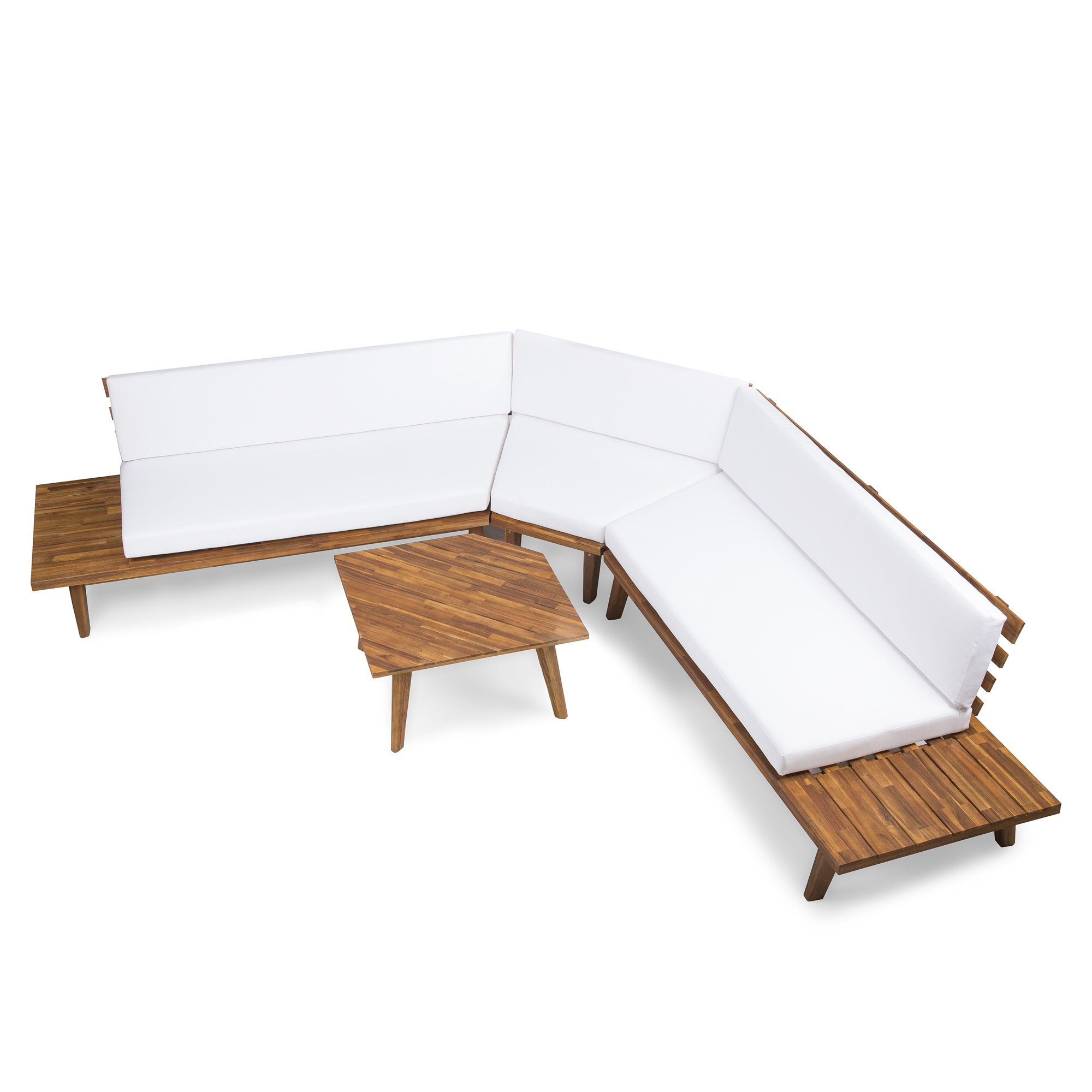 Boaz Acacia 4 - Person Modular Patio Conversation Set with Cushions, Sandblasted Brown Frame/White Cushion