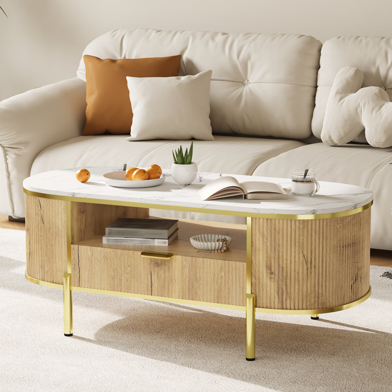 Table basse ovale de 48 pouces avec rangement, table basse de luxe moderne avec tiroir et plateau en faux marbre, table centrale cannelée avec profil courbé pour le salon - Chêne naturel