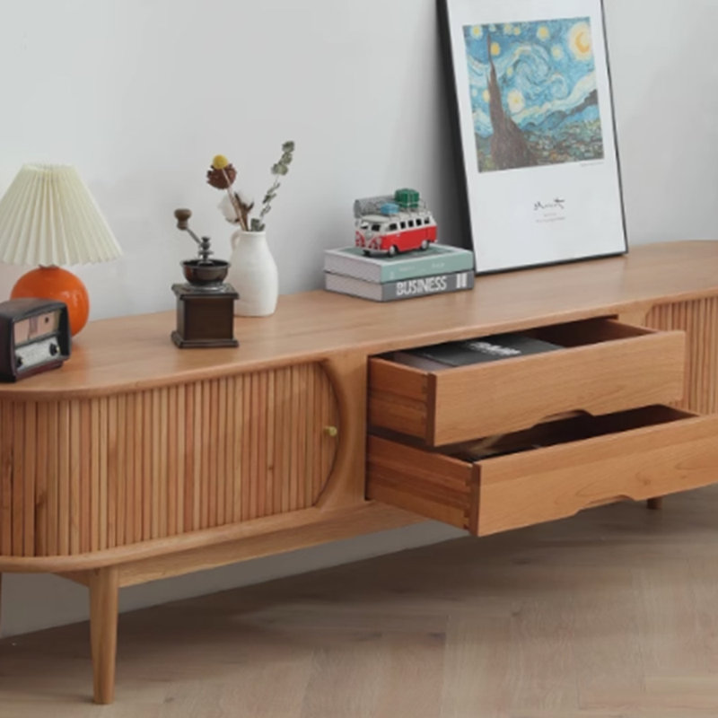 Meuble télé en bois massif de style japonais, 70.86"