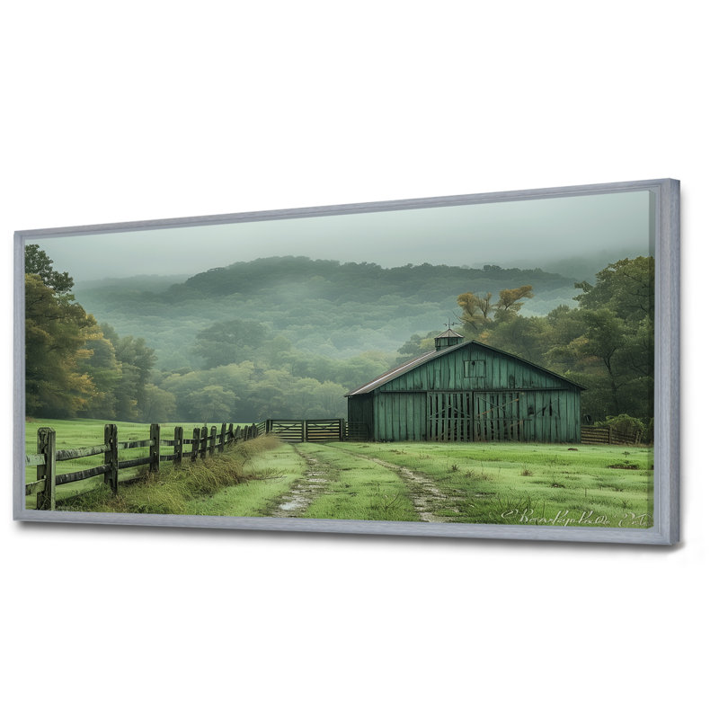 Green Summer Barn Farming Heritage - Art mural de grange, Toile argentée avec cadre flottant, H 28 po x l 60 po x P 1,5 po