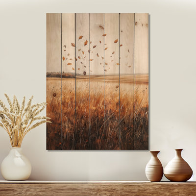 Windy Prairie Leaves In The American Prairies IV - Leaves Wood Wall Decor - On Natural Pine Wood