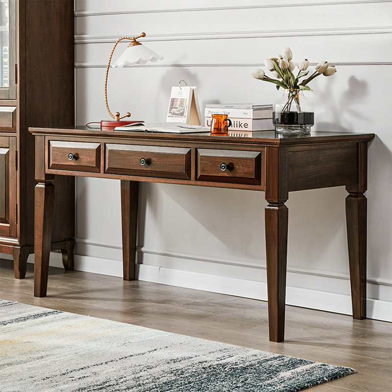 Bureau rectangulaire à 3 tiroirs en bois massif brun noisette, H 29,53 po x l 47,24 po x P 25,59 po, Brun noyer