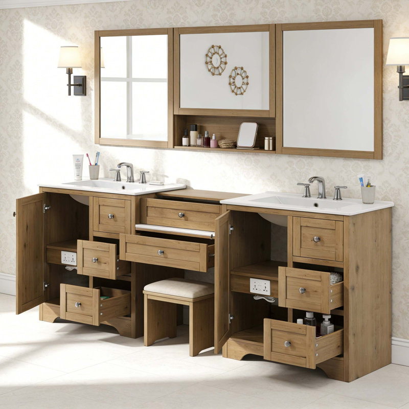 Meuble-lavabo moderne à double cuve avec comptoir en pierre d'ingénierie et rangement à fermeture en douceur, Wood