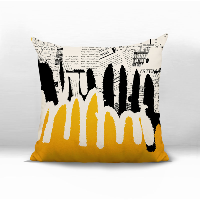 Oreiller carré réversible intérieur / extérieur Kisha, H 17 po x l 17 po, Jaune / noir / blanc cassé abstrait