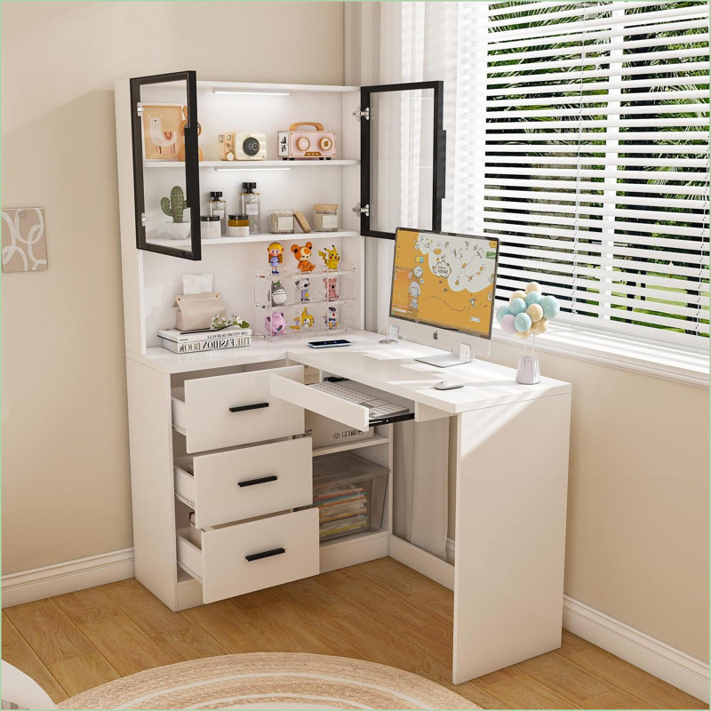 Bureau d'angle en L avec lumières DEL, ports USB, rangement et amp; Plateau à clavier | Blanc | Panneau de fibres à densité moyenne