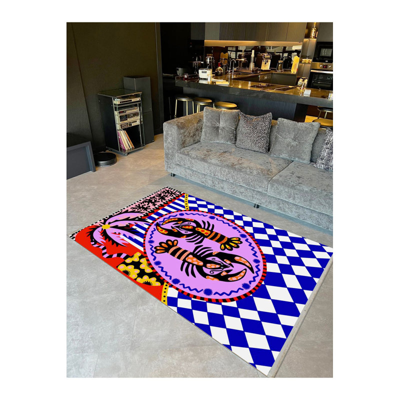 Multicolor Lobster Palm and Checkered Patterned Creative Modern Decorative Rug, Rectangle 3'3" x 4'11" Rug Pad Included