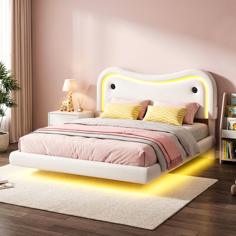 Amelia LED Floating Velvet Upholstered Bed With Curved Headboard – Built-In Charging Station, Height-Adjustable & Music-Sync Lights