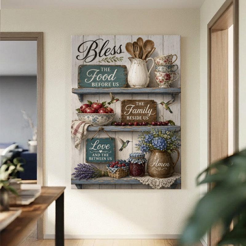 Tableau décoratif rustique « Bénissez la nourriture » ​​​​sur toile, 61 x 91 cm, monté sur châssis, rouge et crème, pour la salle à manger, la cuisine ou l'entrée.